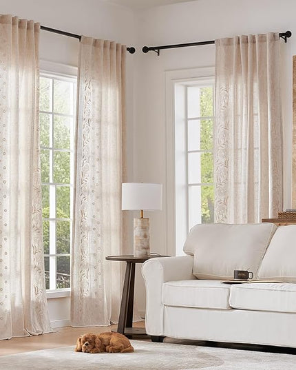 jinchan Winslow Linen Curtains for Bedroom 90 Inches Length Embroidered Bordered Floral Curtains for Living Room Farmhouse Decor Light Filtering Window Treatments Ivory on Beige Drapes 2 Panels