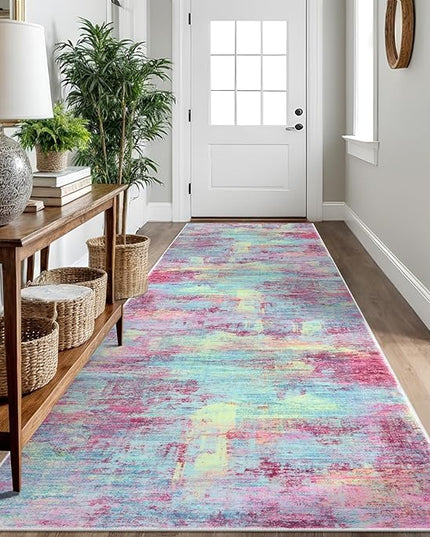 IOHOUZE Abstract Runner Rug 3x10 Ft Washable Runners for Hallways, Non Slip Kitchen Runner Printed Faux Wool Entryway Runner Indoor, Modern Abstract Floor Carpet for Hall Kitchen Bedroom, Pink Teal