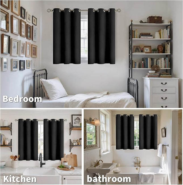 YoungsTex Black Blackout Kitchen Curtains 36 Inch Long - Short Drapes Thermal Insulated with Grommet Room Darkening Privacy for Cafe Bathroom Windows, 2 Panels