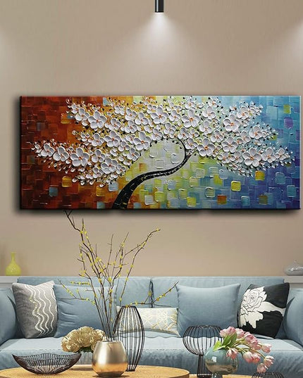 YaSheng Art -100% Hand Painted Contemporary Art 3D Whit Flowers Oil Painting On Canvas Texture Palette Knife Tree Paintings Modern Home living room Decor Art Large Abstract Canvas Art 24x60inch