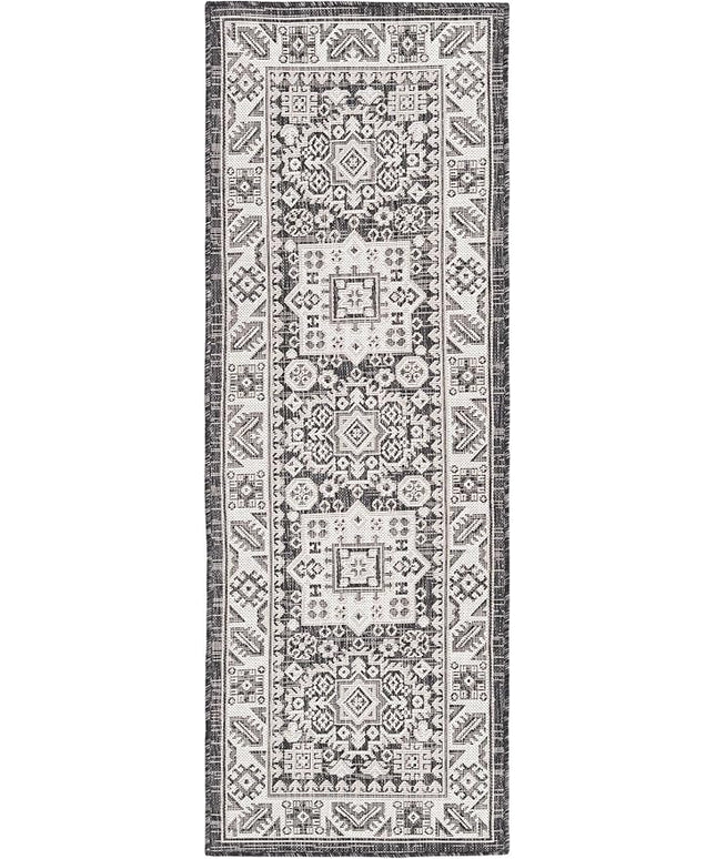 Rugs.com Outdoor Aztec Collection Rug – 6 Ft Runner Charcoal Gray Flatweave Rug Perfect for Hallways, Entryways