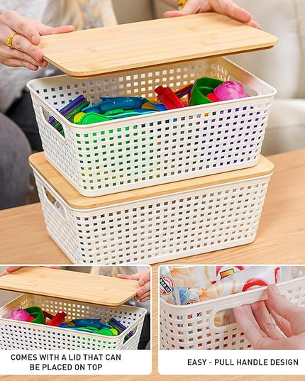 Storage Bins with Lids 8 Packs, Plastic Storage Bins with Bamboo Lids for Pantry Organization and Storage Containers for Shelves Drawers Desktop Closet Playroom Classroom Office Home, White