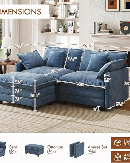 WorthFurni 77 Inch L Shape Cloud Sofa, Modular Sectional Couch with Ottoman, Comfy Chenille Deep Seat Loveseat with Pillow for Living Room Bedroom Apartment (Blue)