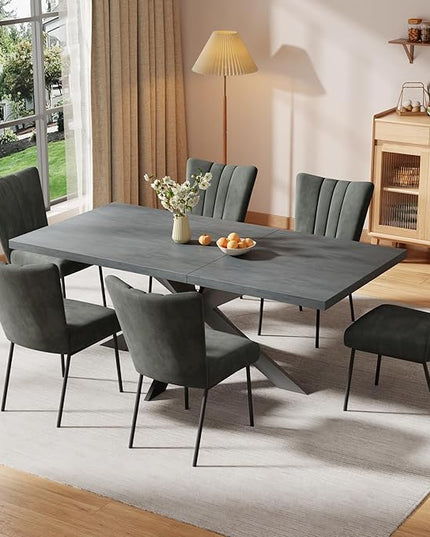 ZckyCine 63"-79" Extendable Dining Table Set with 6 Velvet Dining Chairs, Modern Rectangular Kitchen Table Set for 6-8 People, Space-Saving Expandable Dining Table with Metal Frame