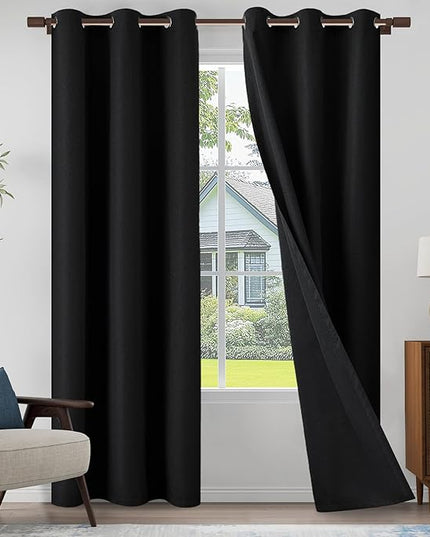 Light Weight Curtains 100% Blackout Linen Textured Curtains 96 Inch Length for Living Room, Bedroom, Full Blackout Curtains with Grommets Top, Black, 37" W x 96" L, 2 Panels