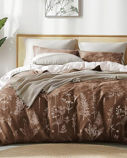 Love's cabin Chocolate Full Comforter Set - Full Size Comforter Set, 3 Pieces Cute Floral Bedding Sets for All Seasons,1 Soft Reversible Botanical Flowers Comforter and 2 Pillow Shams