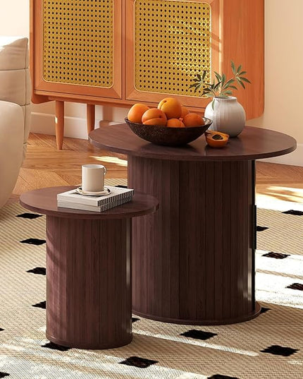 COSVALVE Nesting Coffee Table Set of 2 with Hidden Storage & Sliding Door, Circle Wood Coffee Table, Farmhouse Side & End Table Sets for Living Room, Small Spaces, Walnut