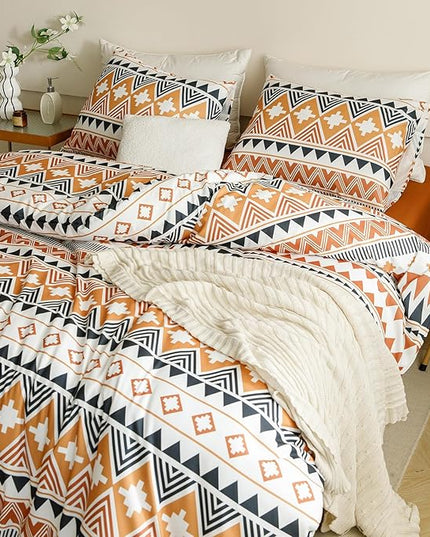 Houseri Orange Boho Comforter Set Queen Rust Aztec Bedding Sets Queen Size Yellow Geometric Bohemian Striped Christmas Warm Soft Cozy Comfy Bed Quilts Blankets Queen