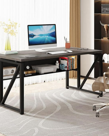 Tribesigns 55 inches Computer Desk with Bottom Storage Shelf Home Office Desk Writing Table for Workstation,Dark Walnut + Steel Leg， Cabinet not Included (Grey, 55-inch -with Shelf)