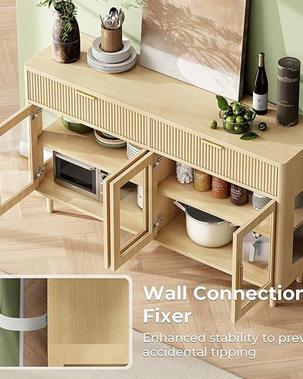 IRONCK 59'' Sideboard Buffet Cabinet with Drawers, Modern Kitchen Storage Cabinet with Adjustable Shelves and Tempered Glass Doors, Wood Coffee Bar for Kitchen, Living Room, Oak