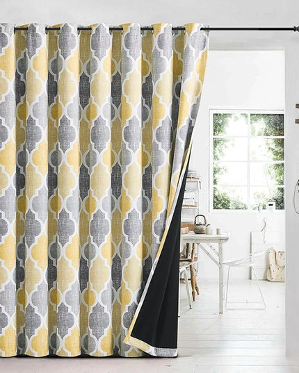 Beauoop 100% Blackout Curtains 84 Inches Long for Patio Sliding Door Yellow Grey Extra Wide Moroccan Geo Room Darkening Thermal Soundproof Room Divider Grommet Window Treatment Drapes,100x84 Set of 1