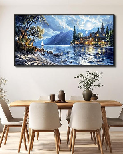 XIGUANGART Coastal Wall Art Blue Ocean Picture Mountain Wall Decor Lake Beside Countryside Large Canvas Print Art for Living Room Bedroom Home Office Forest Scenery Painting Decoration Framed Artwork