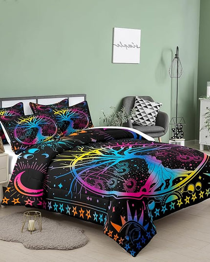 NINENINE Sun and Moon Bedding Set Full Size for Kids Boys Girls,Psychedelic Tree of Life Comforter Gothic Bohemian Bedding,Galaxy Stars Mandala Tribal Bed Set with 1 Comforter 2Pillowcases…