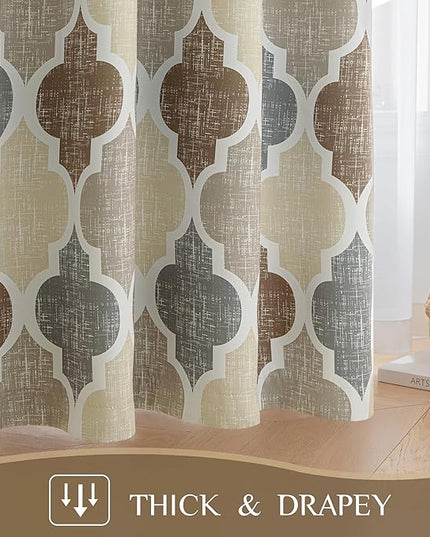 Beauoop 100% Blackout Curtains 90 Inches Long 2 Panels for Bedroom Living Room Brown Grey Moroccan Geo Room Darkening Thermal Insulated Soundproof Grommet Top Window Treatments Drapes, 50x90 Set of 2