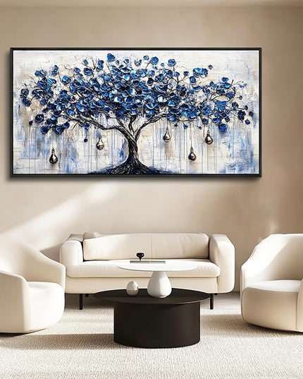 XIGUANGART Tree of Life Large Wall Art Watercolor Blue Farmhouse Framed Artwork Tree & bell Canvas Prints Pictures Modern Abstract Paintings Wall Decor for Living Room Bedroom Home Office Decoration
