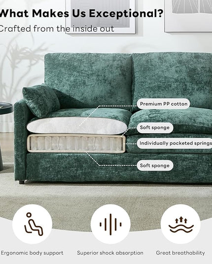 Tbfit Modern Couch, 89" Cloud Sofa Spring Seat Cushions, Comfy 3-Seater w/Pillows, Chenille Fabric Removable Covers, Soft Upholstered Living Room Furniture, Home Apartment, Green