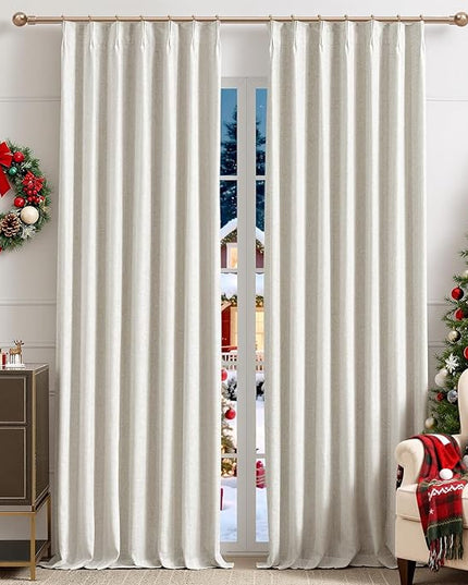 IVAPUPU Natural Linen Blend Pinch Pleated Full Blackout Curtains for Bedroom - 2 Pages Black Out Curtains 112 Inch Long 2 Panel for Living Room Darkening Thermal Window Curtain Drapes with 16pc Hooks