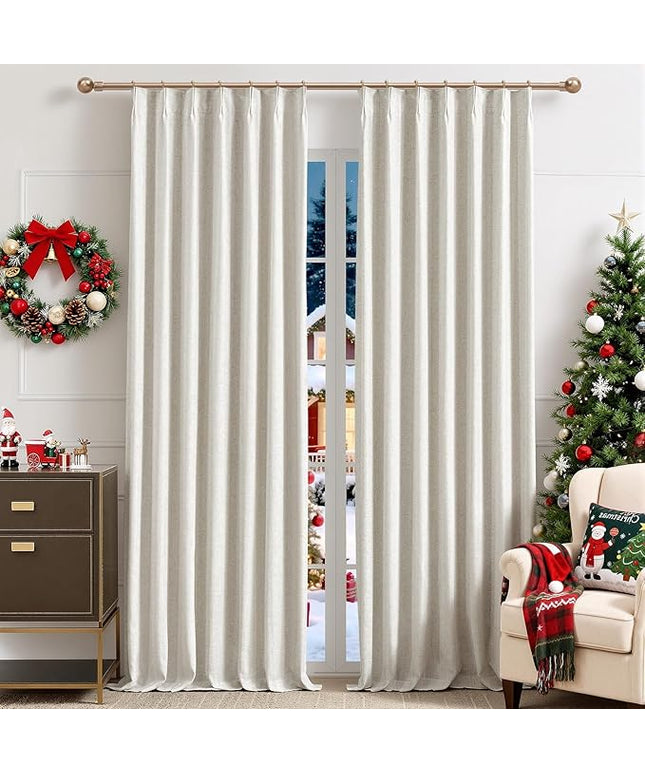 Natural Linen Blend Pinch Pleated 100% Blackout Curtains for Bedroom - 2 Pages Black Out Curtains 120 Inch Long 2 Panel for Living Room Darkening Thermal Window Curtain Drapes with 16pc Hooks, Thick