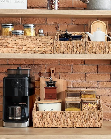 Ollieroo Natural Water Hyacinth Storage Baskets, Handwoven Wicker Storage Bins with Built-in Handles, Storage Container Baskets for Shelves, Bedroom, Bathroom, Laundry Room or Kitchen(Set of 3)