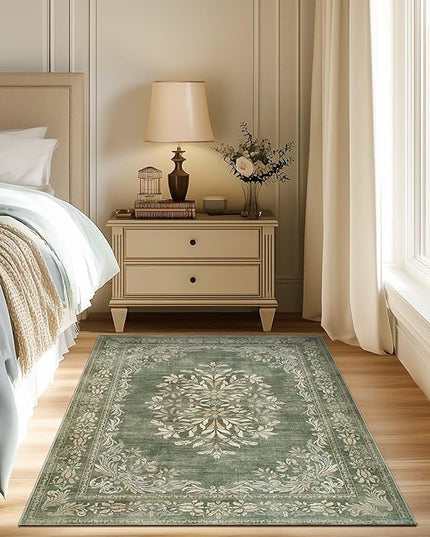 jinchan Green Floral 3x5 Area Rugs for Entryway - Machine Washable Vintage Distressed Design Low-Pile Soft Non-Shedding Christmas Carpet for Kitchen Bedroom Laundry Living Room (3x5ft, Dark Green)