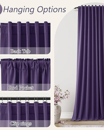 Guken 100% Blackout Curtains 120 Inch Length 2 Panels Set for Living Room Bedroom Back Tab Thermal Insulated Black Out Linen Drapes Room Darkening New Purple,52x120