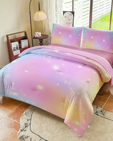 Rainbow Bedding Set Full Size – 5 Piece Reversible Girls Comforter with Deep-Pocket Sheet, Gradient Galaxy Design, Whole-Piece Filling, Machine Washable Bed-in-a-Bag for Kids Room Makeover & Gifts