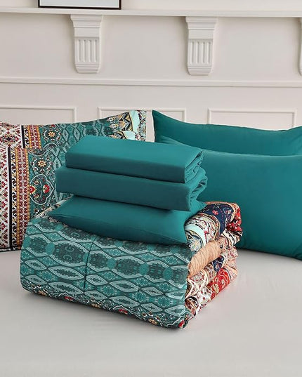 Cottolester Boho Queen Size Comforter Set 8 Pieces,Green and Brown Bohemian Striped Bed in a Bag,Floral Soft Microfiber Bedding Comforter Set