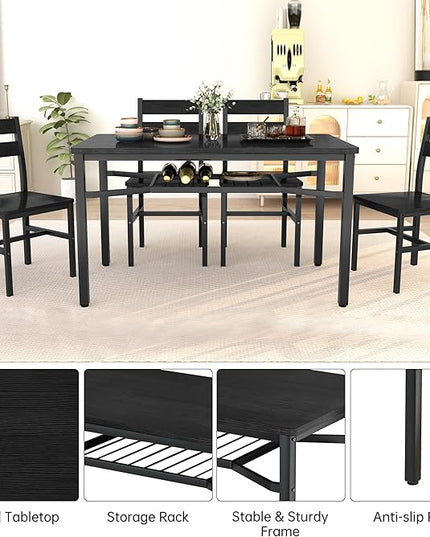 Hooseng Dining Table Set for 4, Wood Kitchen Table Chairs Set with Storage, Farmhouse 5 Piece Dining Room Table Set, Space-Saving Dinette Set for Breakfast Nook, Apartment (Black)