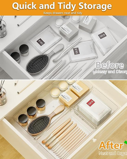 Clear Plastic Drawer Organizer Set for Kitchen, Bathroom, Office, Cosmetics & Tools - Multifunctional Storage Trays with Adjustable Dividers, Space-Saving Transparent Design (Clear, 12 Pcs)