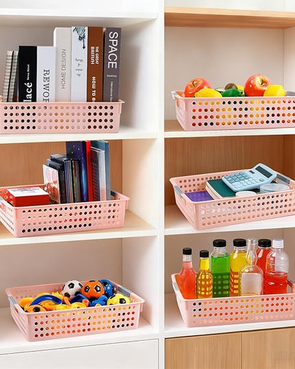 4 Pack Turn in Trays Classroom, Classroom Organization, Plastic Storage Paper Tray Holds, Storage Baskets with Handles, Paper Trays for Classroom Office Home Drawers, Pink