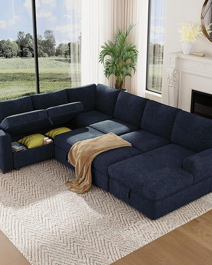 Vesgantti 113.6" Pull Out Sofa Bed with Chaise, 7 Seater U Shaped Sleeper Sofa with Storage Chaise, Comfy Chenille Modular Sectional Couch for Living Room, Bedroom, Apartment, Blue