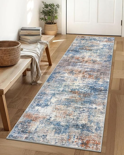 IOHOUZE Abstract Runner Rug 2x6 Ft Washable Runners for Hallways, Non Slip Kitchen Runner Printed Faux Wool Entryway Runner Indoor, Modern Abstract Floor Carpet for Hall Bedroom, Blue Rust