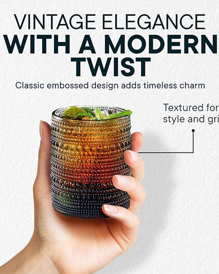 12 OZ Hobnail Drinking Set of 12 – Vintage Embossed Glassware, Textured Tumblers for Water, Beer, Cocktails, Mocktails, Whiskey & More – Includes Straws and Coasters – Smokey Gray