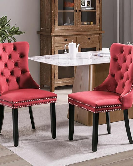 SoarFlash Velvet Dining Chair Set of 2, Upholstered Tufted Dining Room Chair with Nailhead Trim and Solid Wood Leg for Kitchen (Wine Red)