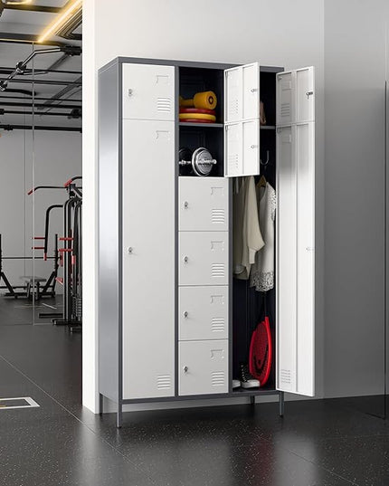 Aobabo Metal Lockable Storage Locker 8 Small Doors and 2 Big Doors, Metal Lockers for empolyees with Hooks, for School Home Office, Assembly Required, 10Doors, Grey White