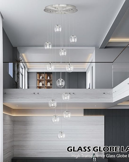 KoKo&Yukina 12-Light Nickel Mid Century Modern Chandelier for Living Room Staircase Chandelier for Entryway Clear Globe Glass Chandelier High Ceiling Chandeliers Foyer Entryway (Bulb & Remote Incl.)