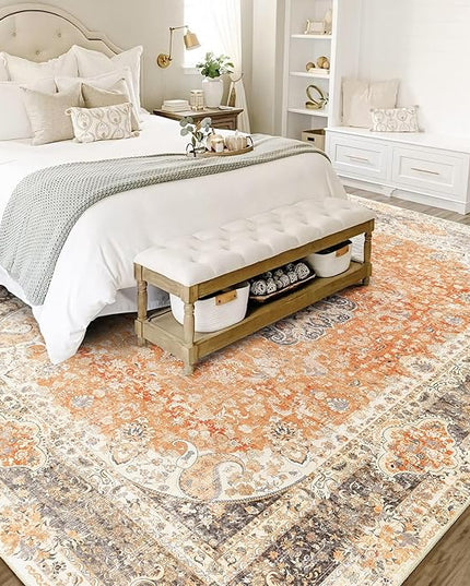 8x10 Area Rugs Washable,Boho Rug for Living Room Bedroom Dining Room,Large Vintage Bohemian Farnhouse Distressed Carpet Non Slip,Retro Orange Grey Floral