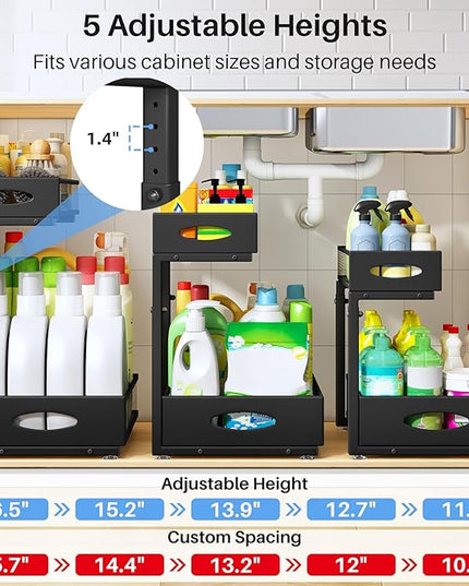 Under Sink Organizer, 2 Pack 2 Tier Pull Out Under Cabinet Organizer Shelf with Pad for Framed Cabinets, Metal Slide Out Under Sink Storage, Mesh Sliding Drawers for Kitchen Bathroom Laundry, Black