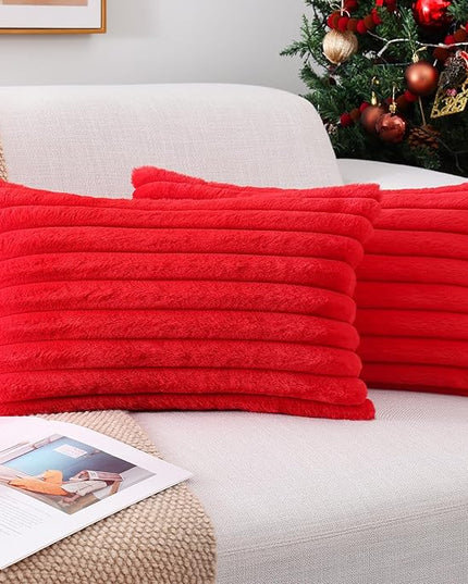 Pallene Faux Fur Plush Lumbar Christmas Throw Pillow Covers 12x20 Set of 2, Luxury Soft Fluffy Striped Decorative Pillow Covers for Sofa, Couch, Living Room, Red