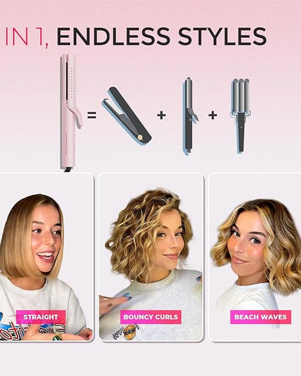 TYMO Airflow 2.0 Curling Iron Flat Iron - Hair Straightener and Curler 2 in 1, 1.25 Inch Curling Wand for Long Short Hair, Dual Voltage for Travel, 54 Million Ionic, Anti-Tangle, 5 Temps, Pink