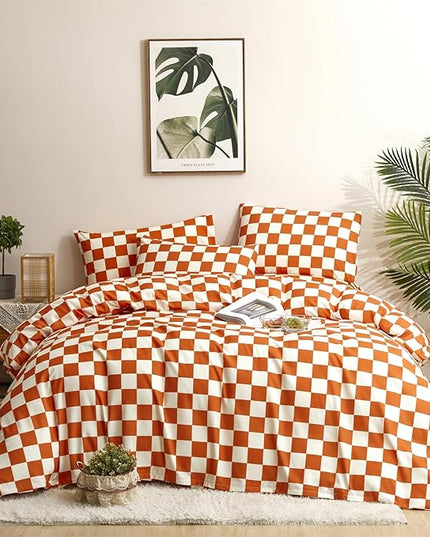 CLOTHKNOW Rust Beige Plaid King Size Comforter Set 3Pcs Grid Bedding Comforter Sets Soft Lightweight Caramel Comforter King Checker Comforter