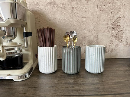 Stoneware Coffee Bar Utensil Holder Tea & Coffee Spoon & Stirrer Holder for Stir Stick Straw Teaspoon Holder Spoon Cup Small Utensil Jar Fluted Vertical Stripe (Retro Grey)