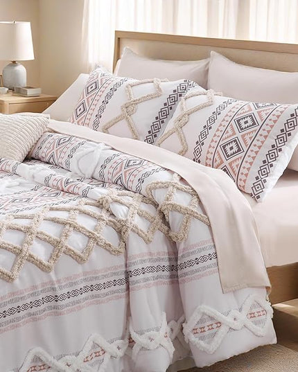 MOVE OVER Beige Tufted Comforter Set Queen Size 5 Pieces Bohemian Style Geometric Tufted Bedding Set Farmhouse Boho Aztec Comforter Set with 2 Decor Pillow Covers for Room Decor
