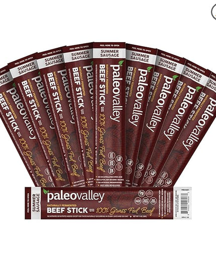 Paleovalley 100% Grass Fed Summer Sausage Beef Sticks - Delicious Gluten Free Beef Snack - High Protein Keto Friendly