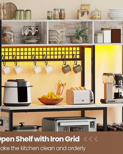 Itaar 47.2 Inch Bakers Rack with Power Outlet, Microwave Stand with Storage, Farmhouse Coffee Bar Cabinet Station with Wine Rack, Iron Mesh and 8-S Hooks, Vintage White