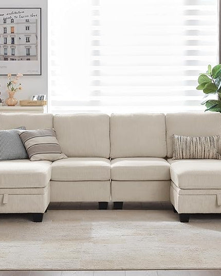 CHIC HOUSE Corduroy Modular Sectional Couch with Ottoman Chaise, L/U Shaped Sleeper Sofa for Living Room, Apartment, Lounge, Modern Armrest Neck Support Furniture (6 Seater Sectional, Beige)