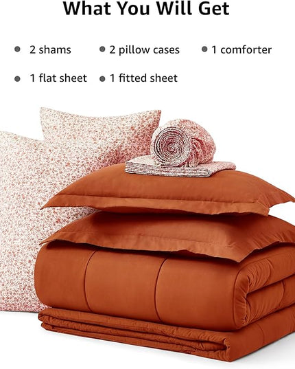 Monbix King Size Comforter Set - 7 Pieces Bed in a Bag King, Burnt Orange Track Stitching Bedding Sets, All Seasons Down Alternative Comforter Bed Set with Sheets