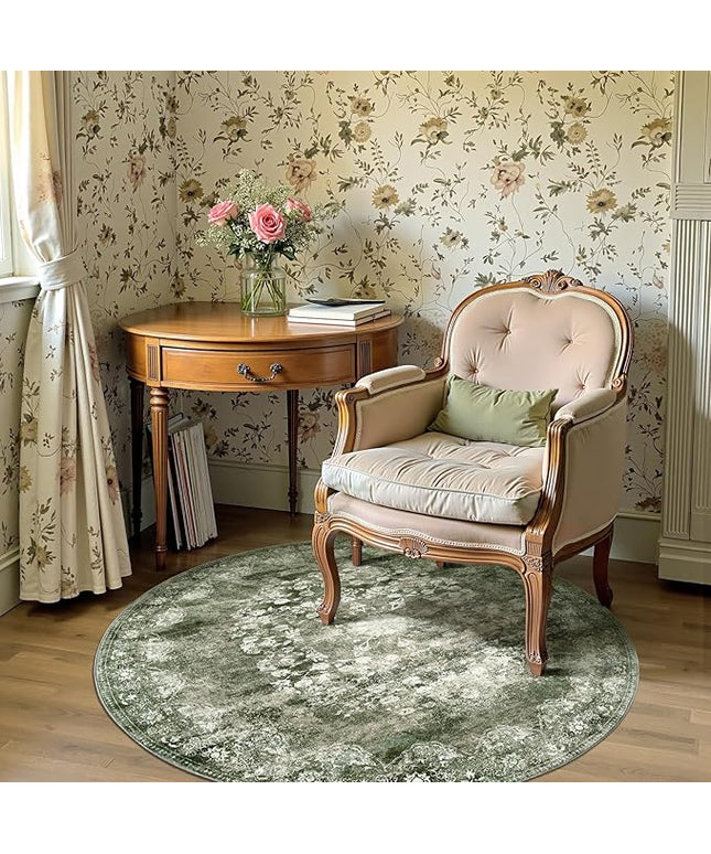 jinchan Round Rug 4ft Area Rug - Green Vintage Floor Mat Kitchen Indoor - Washable Circle 4' Thin Floral Print Christmas Carpet Retro Farmhouse Non Slip Dining Room Living Room Bedroom Office