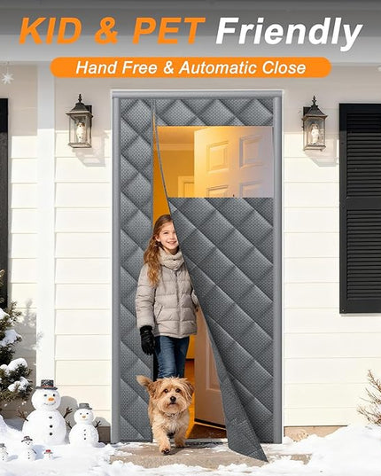 Magnetic Thermal Insulated Door Curtain Fit 30" X 80" with Clear Window, Thermal Door Cover for Winter, Thicken Oxford Cloth and Cotton Automatic Folding Insulation Cover Blanket for Winter