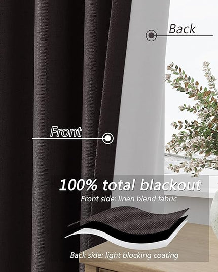 Guken 100% Blackout Curtains 120 Inch Length 2 Panels Set for Living Room Bedroom Back Tab Thermal Insulated Black Out Linen Drapes Room Darkening Cocoa Coffee,52x120